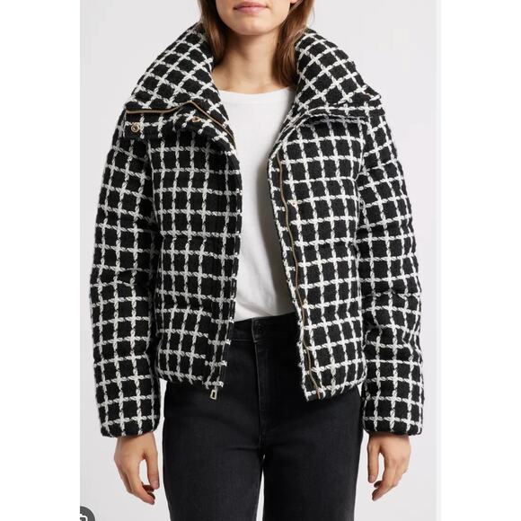 NWT BCBGMAXAZRIA Tweed quilted Puffer black and white tweed jacket size S